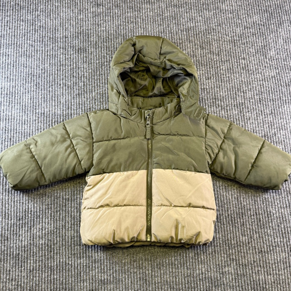 HM PUFFER JACKET 9M GREEN TAN POLYESTER COLORBLOCK DETACHABLE HOOD 0857354 6